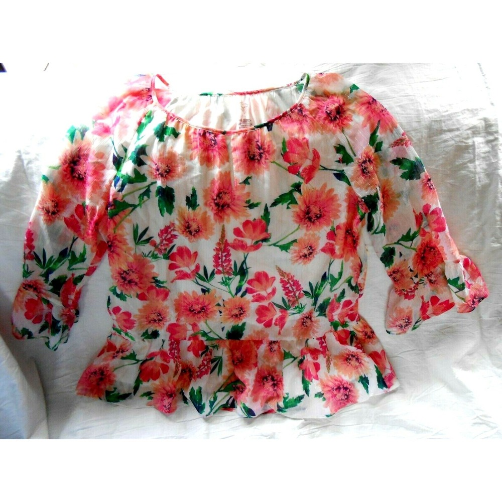 NEW St. John's Bay Pink & Ivory Floral Womans Small 1/2 Sleeve Shirt Blouse CUTE
